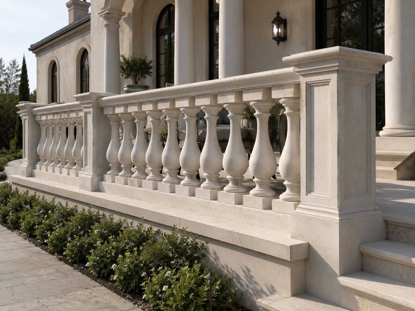Close architectural view of custom GFRC balusters and balustrade