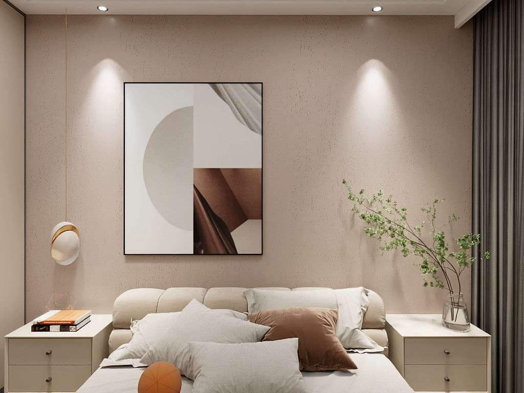 Warm neutral flexible stone feature wall in a refined bedroom interior