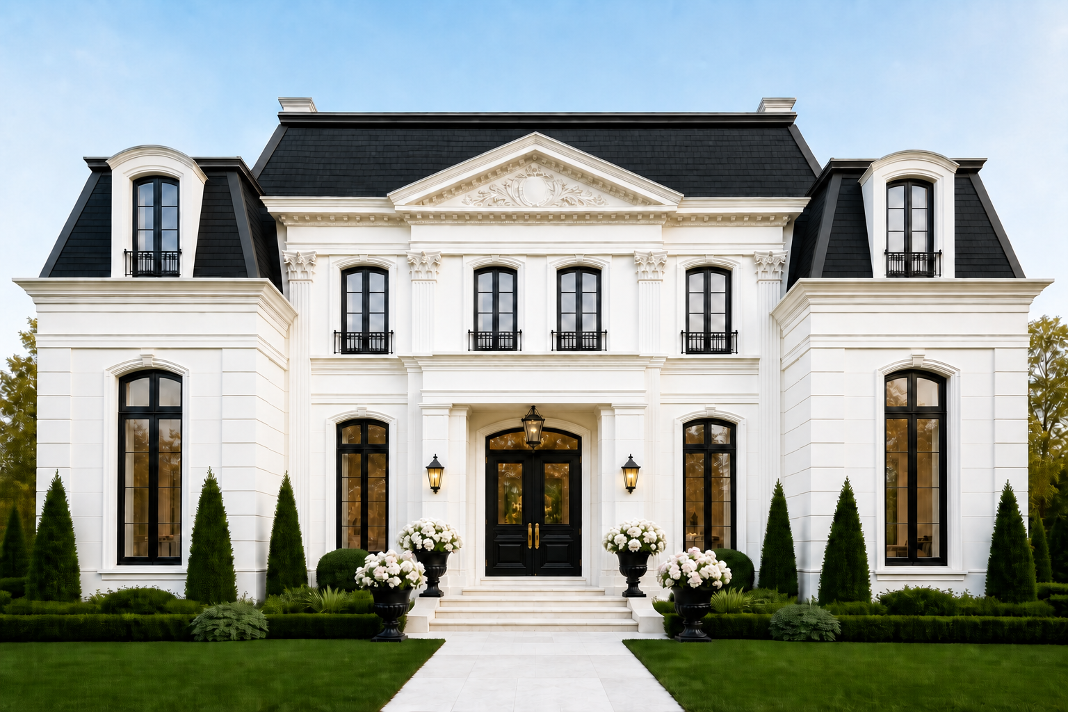 Front elevation of a French-style villa showcasing coordinated EPS moulding details