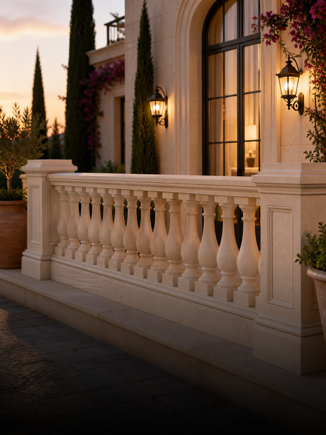 Classical balusters and balustrade on an elegant exterior terrace