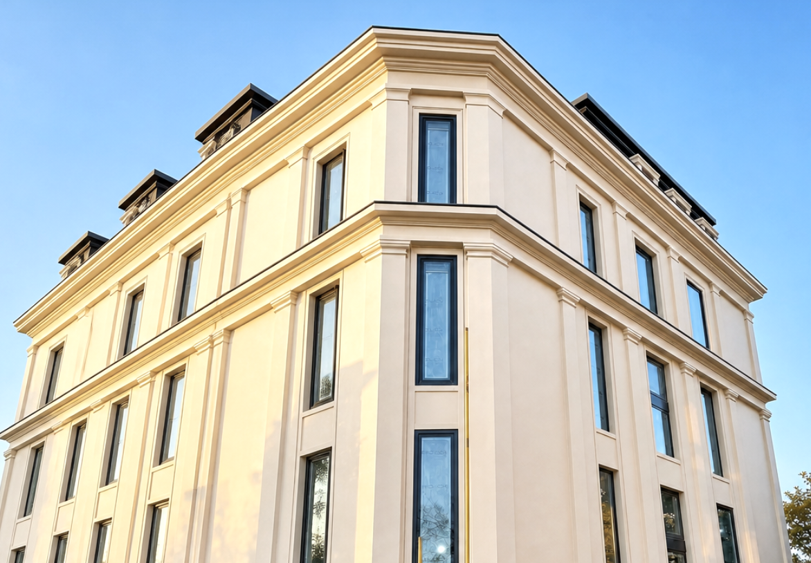 Luxury residence showcasing detailed exterior EPS roof moulding