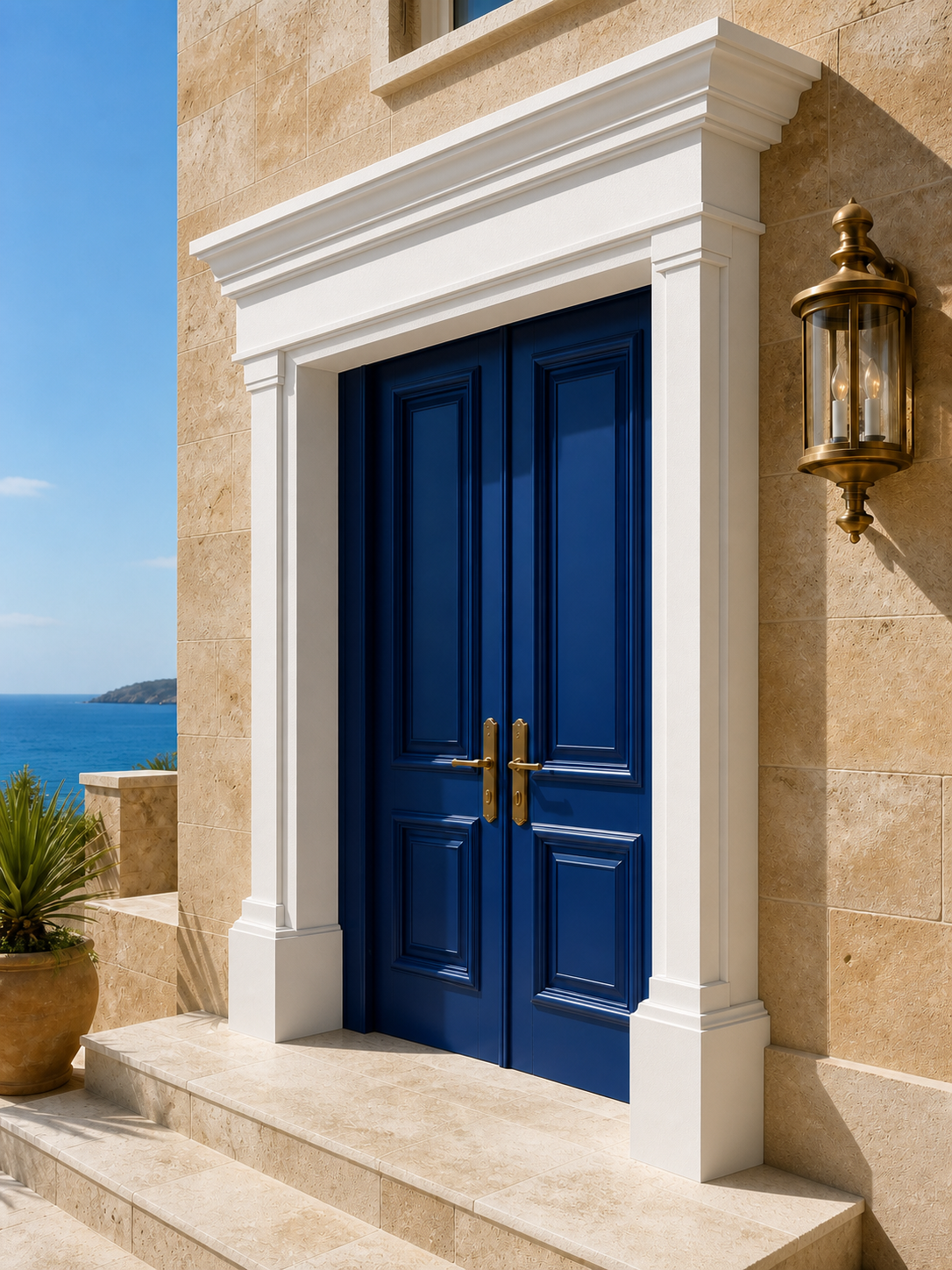 Close-up of layered EPS casing profiles around an exterior entrance door