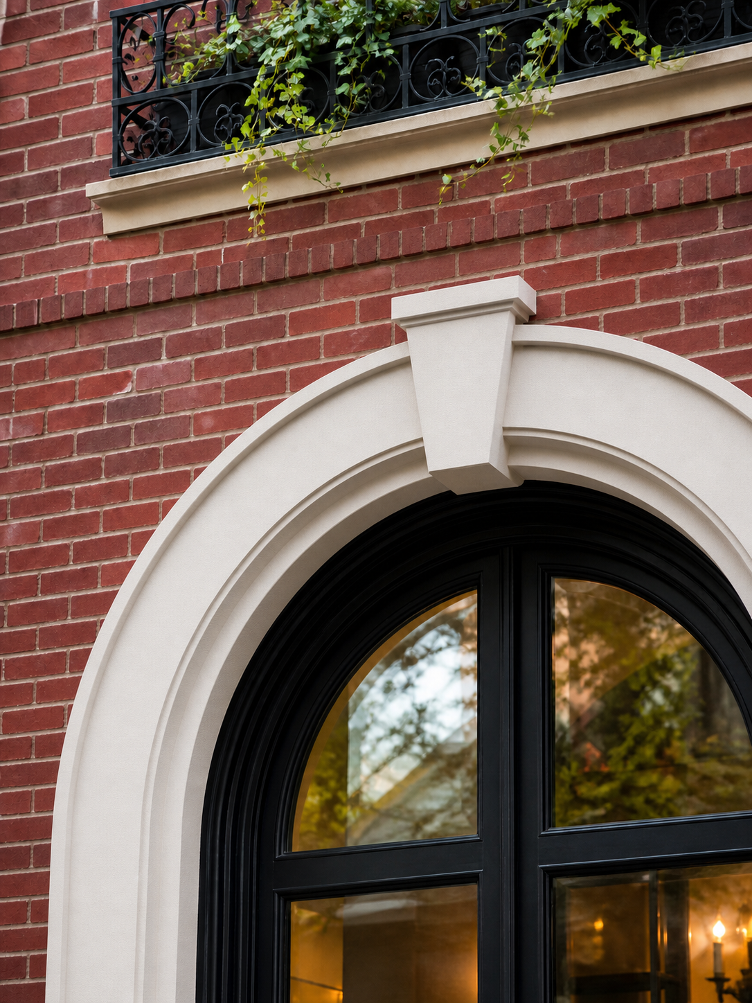 Close-up of a projecting EPS keystone centered over an arched window surround