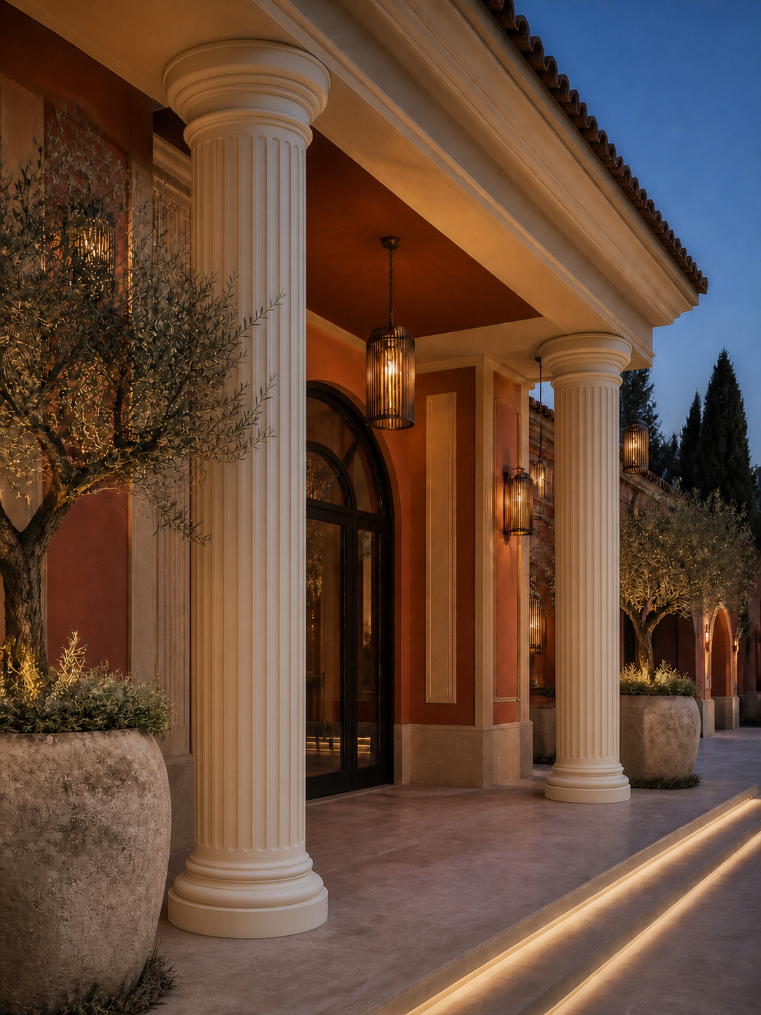 Rounded fluted EPS columns with molded bases and capitals at a villa entrance