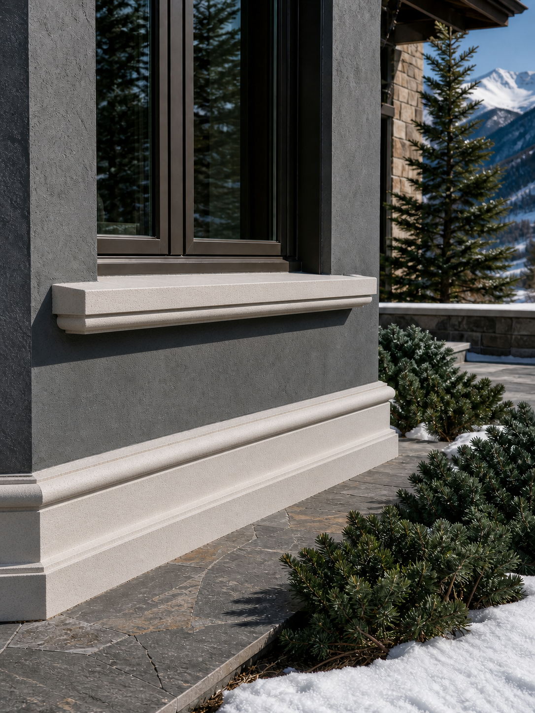 Close-up of a projecting EPS window sill, apron, wall band, and base trim