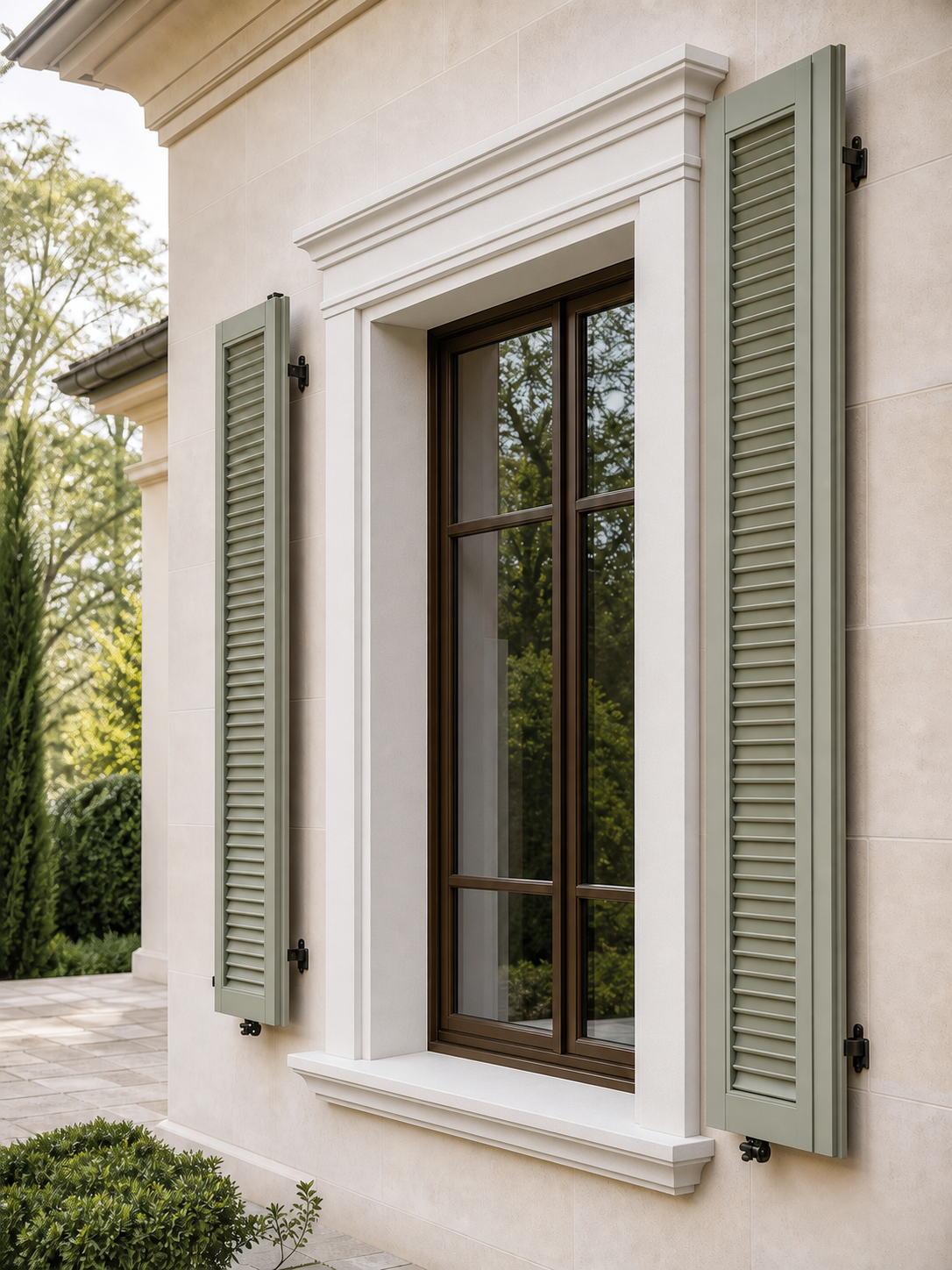 Close-up of a coated EPS window surround with layered head moulding and sill