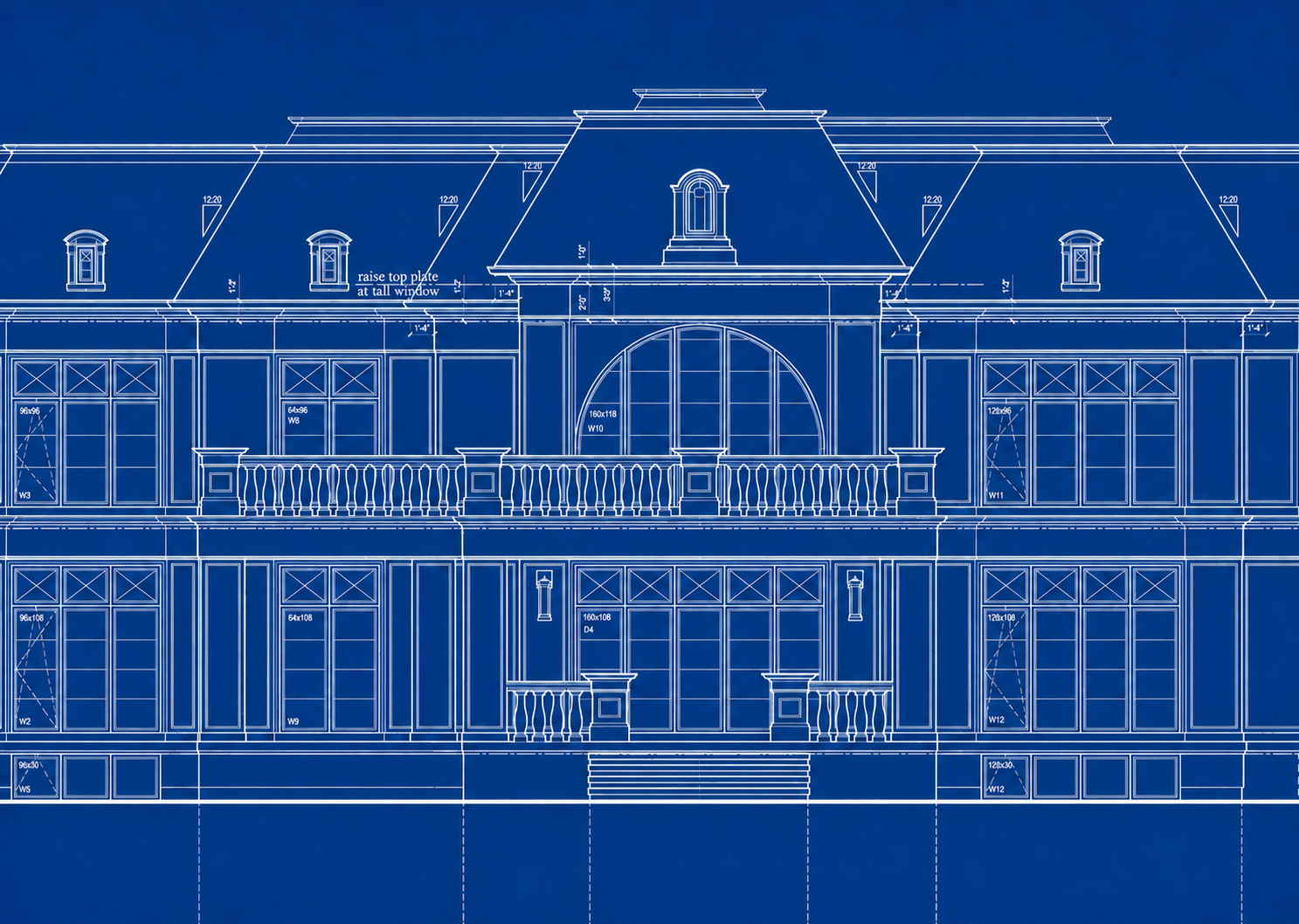 Traditional blue architectural blueprint showing the front elevation of a classical residence