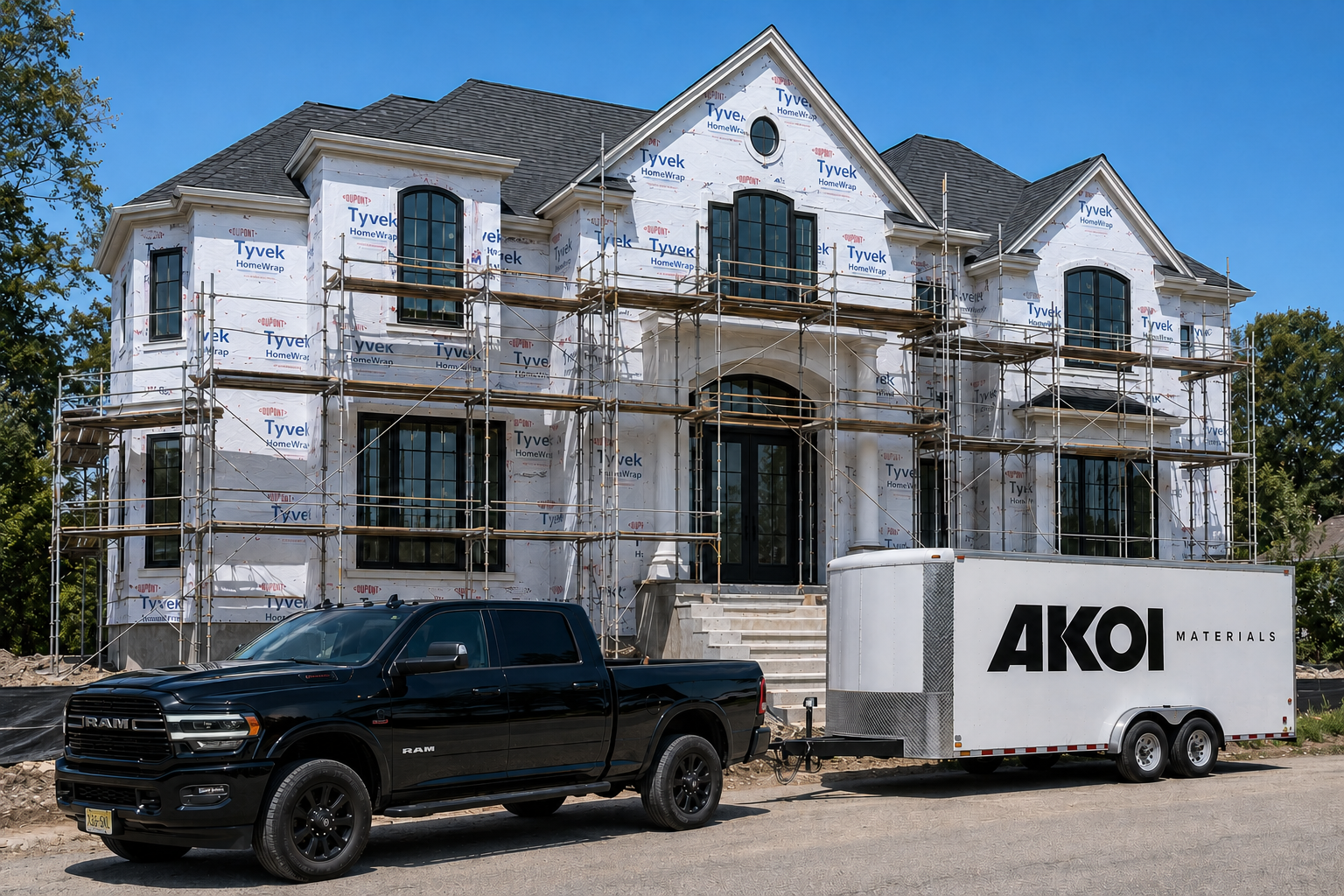 AKOI Materials trailer arriving with a delivery at a residential construction site